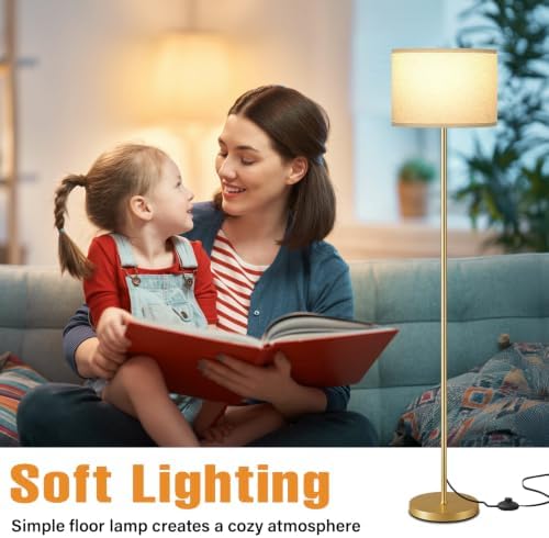 Ambimall 60'' Modern Floor Lamp with Shade, Tall Lamps for Living Room, Bedroom, Office, Dining Room, Beige Shade with Gold Pole(Without Bulb) - Image 4