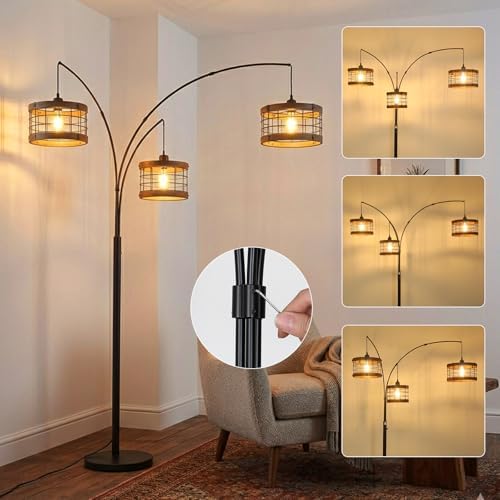3-Lights Vintage Wood Floor Lamps for Living Room, Black Arc Floor Lamp for Bedroom, Industrial Standing Lamp for Office, Dimmable Tall Lamp, Arched Corner Floor Lamp, Over Couch Reading Lamp - Image 3
