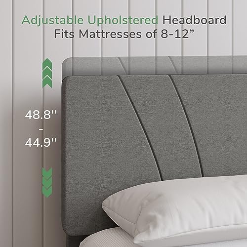 Novilla Full Size Bed Frame No Box Spring Needed with Adjustable Headboard Upholstered Platform Bed with Strong Wooden Slats, Easy Assembly, Light Grey - Image 4