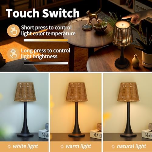Mr. White Outdoor Waterproof Cordless Rechargeable Portable Touch Battery Operated Powered Set of 2 Table Lamp with Wicker lampshade for Restaurant Kitchen Patio Dinner Dining (Black 2 Pack) - Image 4
