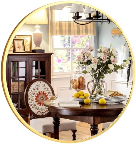 XRAMFY 20 Inch Round Mirror - Circle Mirrors for Bathroom, Entryway and Living Room Wall Decor, Modern Hanging Vanity Mirror, Matte Gold Circle Decorative Wall Mirror - Image 7