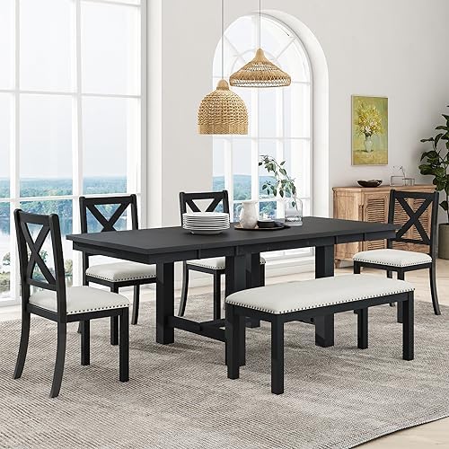 VilroCaz Farmhouse 6-Piece Extendable Dining Room Table Sets, Acacia Wood 82" Dining Table with 2 Removable Leaf and Upholstered Dining Chairs& Bench, Soft Cushion with Rivet - Image 2