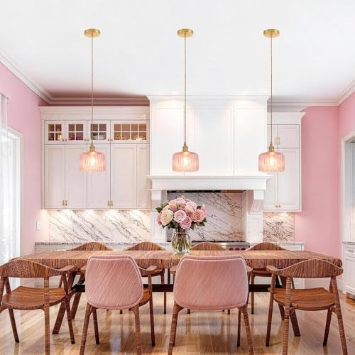 Shenmoyl Pendant Light with Pink Striped Glass Lmapshade, Brass Vintage Pendant Light Adjustable Hanging Light for Kitchen Island Dining Room Hallway - Image 5