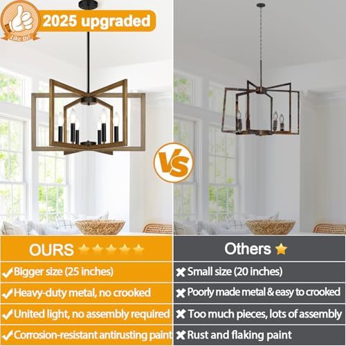 25"-61" Height Adjustable Retro Wood Texture Chandelier for Dining Room, No Assembly Required Dining Room Light Fixture Over Table, Industrial Metal Pendant Lights Fixture for Kitchen Island - Image 6