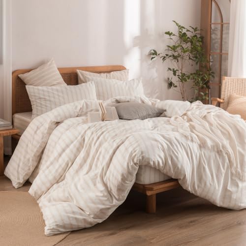 BESTOUCH Striped Cotton Duvet Cover Set Linen Feel King - Image 5