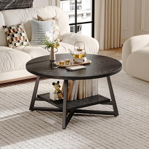 Coffee Table for Living Room, Round Coffee Table, Small Circle Coffee Table with Storage, Modern Wood Round Center Table for Home Office, Small Space, Easy Assembly, Black - Image 2