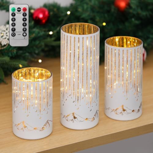 Starry Night Hurricane Candleholders with Warm LED Lights & Remote Timer, Elegant Twinkling Decorative Centerpieces for Wedding, Dining Table, Living Room, Mantel Décor, Set of 3 (White) by Ashroder
