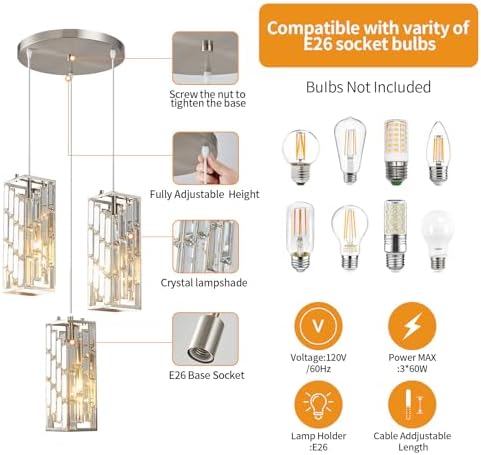 Brushed Nickel Pendant Lighting Modern Pendant Light, Mini Crystal Chandeliers,Adjustable Pendant Light Fixture for Kitchen Island Dinning Room Bedroom (3 Light) - Image 4