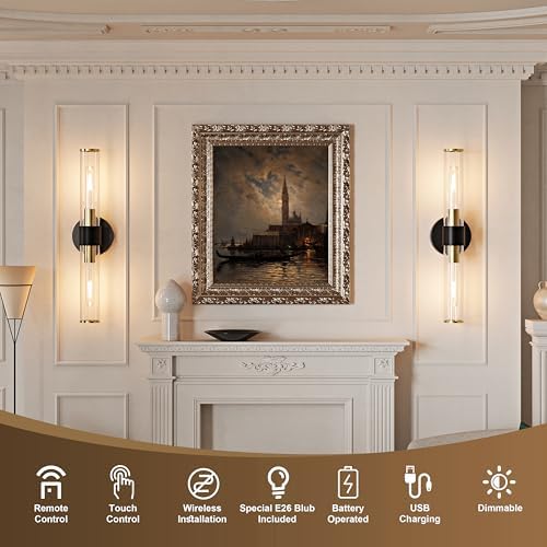 Black Gold Battery Operated Wall Sconces Set of 2, Wireless Sconce Light - Image 2