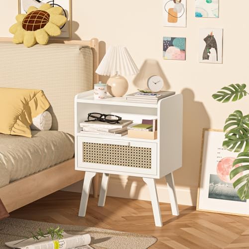 Lerliuo Rattan Nightstands Set of 2, Bedside Table with Drawer Open Shelf - Image 4