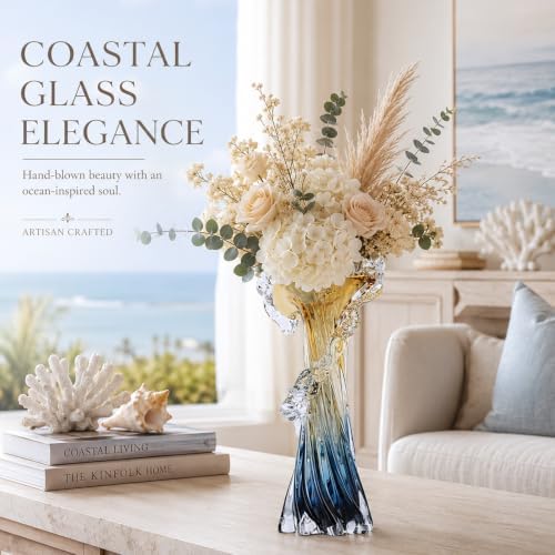 Blue Blown Glass Vase, Modern Art Hand Blown Coastal Vase,Beautiful Unique Ocean Wave Centerpieces for Living Room, Bedroom, Office Desktop,Coffee Table and Wedding Decorative (Amber, L) - Image 2