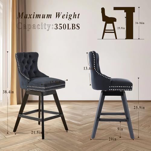 SoarFlash Kitchen Swivel Bar Stools with Solid Wood Legs Upholstered Counter Stools Set of 6, Black - Image 2