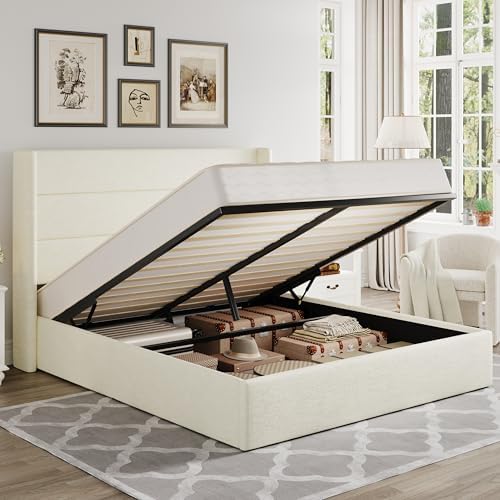 Allewie Full Size Chenille Lift Up Hydraulic Storage Bed Frame Cream White by Allewie