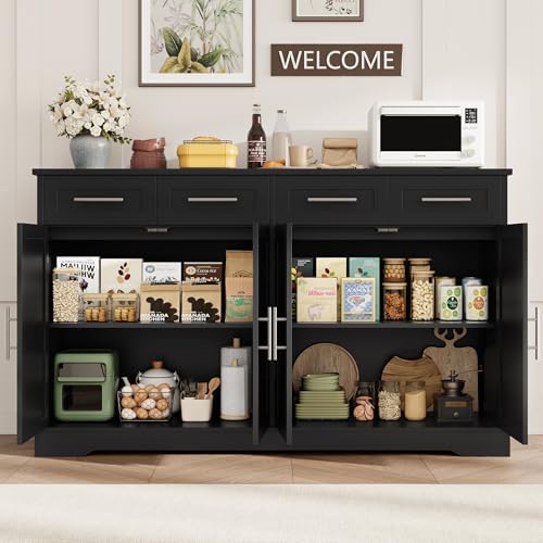 HOSTACK 60" W Sideboard Buffet Cabinet with Storage, Kitchen Cabinet, Black - Image 6