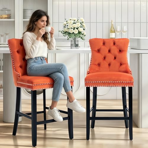 SoarFlash Modern Velvet Upholstered Bar Stools Set of 2 with Wood Legs, Button Tufted,Chrome Nailhead, Counterstool Seat, Armless Bar Chairs (Orange) - Image 5