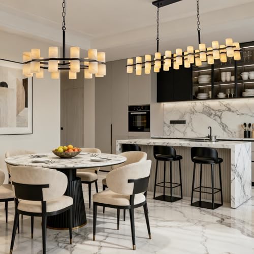 Alabaster Round Chandelier, Natural Spanish Stone Texture Chandeliers, D23.6in Round Chandeliers for Dining Room Small Chandelier Light Fixture for Kitchen Living Room Foyer Entryway Hallway (Black) - Image 5