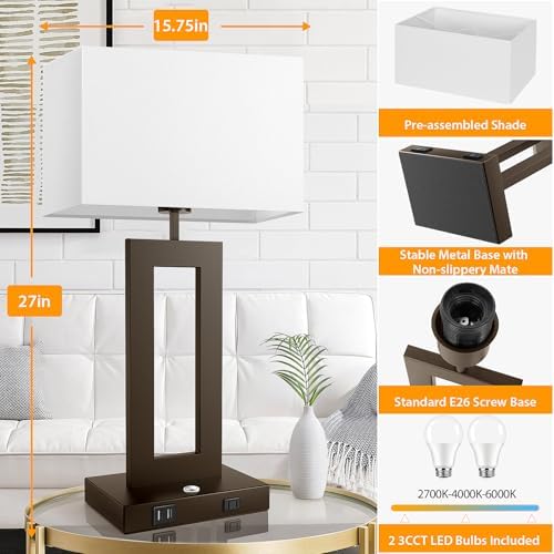 27.2’’ Tall Brown Table Lamps for Living Room Bedroom, Bedside Touch Control Lamps with 2 USB Ports&AC Outlet, 3 Color Temp.&Stepless Dimming Desk Lamp Sets for Home Office, Pre-assembled White Shade - Image 6