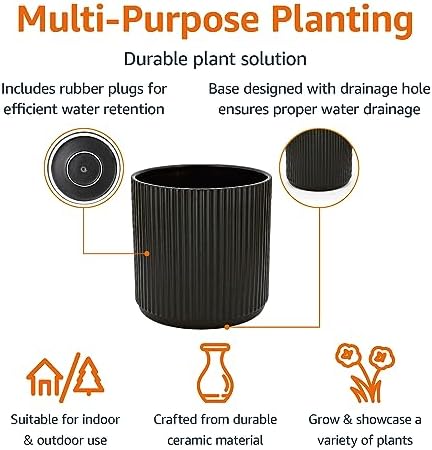 Amazon Basics Fluted Ceramic Planter Pot for Indoor Outdoor Plants, Round Flower Pot with Drainage Hole, 10-inch, Black - Image 2