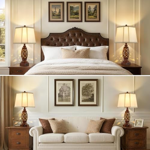 EJIAXIN Bedside Lamps Set of 2-23.5" Vintage Table Lamp with USB A+C and Nightlight - Brown Carved Resin Farmhouse Desk Lamp for Bedrooms, End Tables, Living Room, Bulbs Included - Image 2
