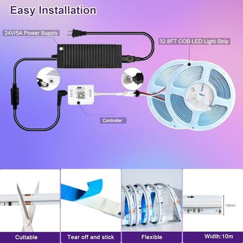 Smart IC RGB COB LED Light Strip 33FT, 10mm Color Changing Tape Light - Image 6