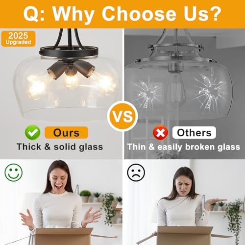 Modern Pendant Lights Kitchen Island, 3-Light Black Pendant Light Fixtures with 14.2" Clear Glass Shade, Industrial Hanging Pendant Lights Fixture for Kitchen Island Dining Room Entryway Foyer - Image 6