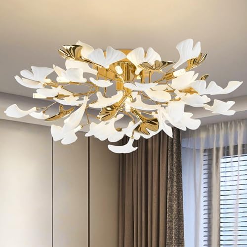 Modern Chandelier Ceiling Light, Gold Ceramic Ginkgo Leaf Chandeliers Brass Chandelier Light Fixture for Kitchen Living Room Dining Room, 24" Ceiling Light Fixture by GREMLBUK