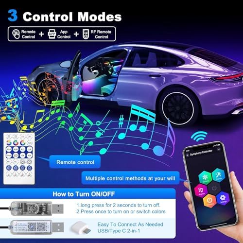 Dreamcolor Acrylic Interior Car LED Strip Light with USB/Type C/4-Port Cigarette Lighter, RGB 2 in 1 with 86.6 inches LEDs Ambient Lighting Kits, Sound Active Function Neon Led Strips for Car - Image 4