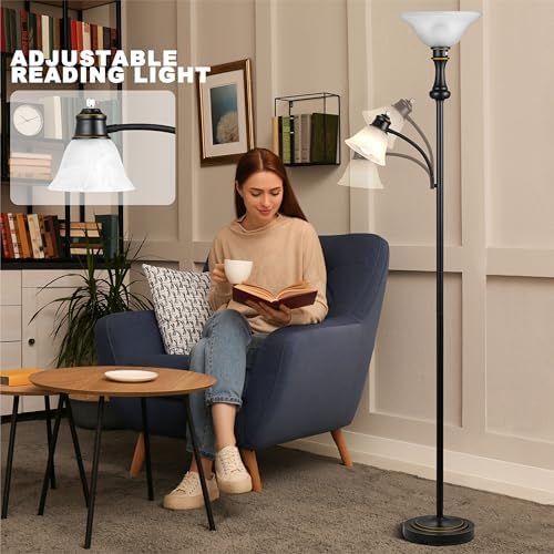 Torchiere Floor Lamp with Adjustable Angle Reading Lamp-Black 71IN - Image 3