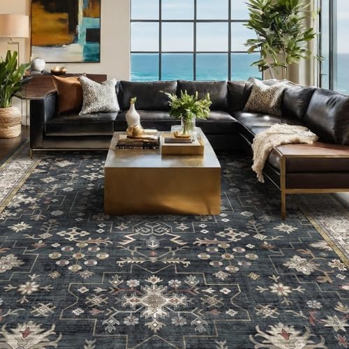 Hazo Haus Boho Dining Room Rugs for Under Table - Washable Black Area Rug for Living Room, Low Pile Non-Slip Rugs for Bedroom, Office - Charming Geometric Decor & Stain Resistance - 6x8 Black/Multi - Image 3