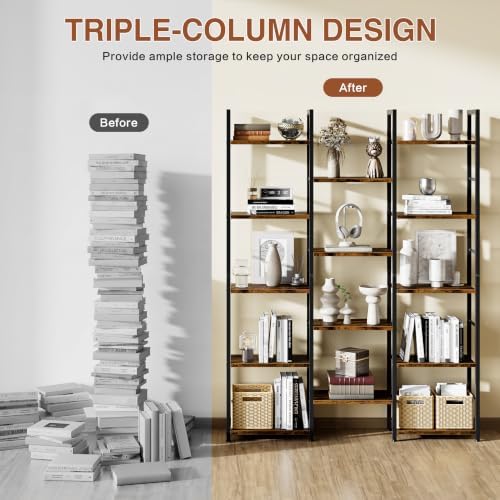Shintenchi Triple Column 5 Tier Bookshelf, Industrial Large Bookcase Display Shelves, Large Etagere Bookshelf,Wide Book Shelf Book Case for Home & Office, Rustic Brown - Image 4