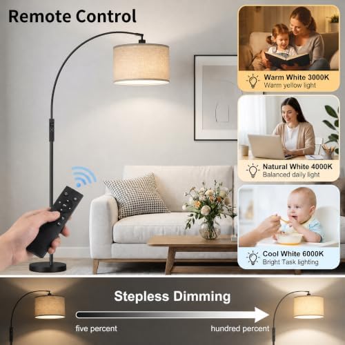 Arc Floor Lamps with Remote Control and Stepless Dimmable Color Temperature and Brightness Standing Lamp with Adjustable Beige Hanging Shade Pole Lamp for Bedroom Office, 9W Bulb Included, Black - Image 2