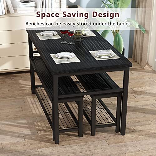 AWQM 43.3" Dining Table Set for 4, Kitchen Dining Table with 2 Benches, Dining Room Table Set with Metal Frame & Storage Rack for Kitchen, Restaurant, Black - Image 4