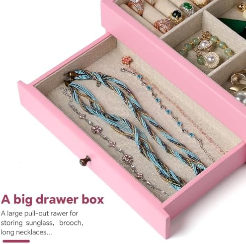 Meangood Jewelry Box Organizer for Women, 2 Layer Large Jewelry Storage Case, Rustic Wooden Jewelry Box with Mirror & Ring Tray for Necklace Earring Bracelets Rings, Vintage Style (Pink) - Image 6