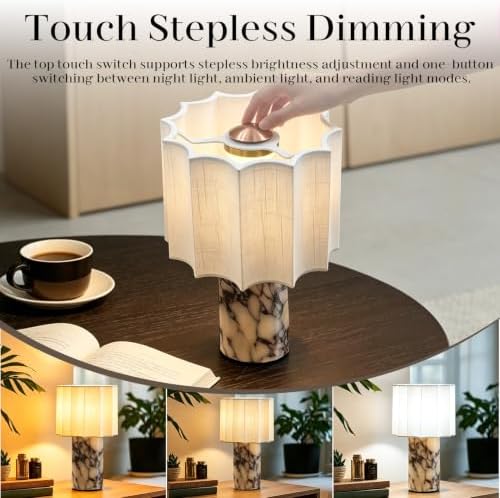 Marble Touch Table Lamp USB Rechargeable Cordless Bedroom Bedside Small Glow Night Light Stone Base and Linen Fabric Shades - Image 6