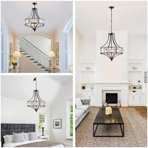 Crystal Chandeliers for Dining Room Rustic Farmhouse Chandelier with Round Metal Shade 6-Light Black Large Crystal Light Fixture for Kitchen Island Hallway Bedroom Home Office - Image 6