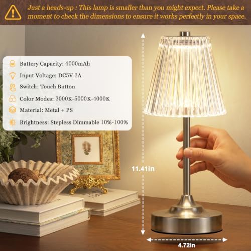 Silver Cordless Rechargeable Table Lamp, Touch Battery Powered Lamp, 3 Color Modes, Crystal Acrylic Lampshade, Portable Ambient Night Light for Desk, Bedroom, Living Room, Dining Room, Kitchen, Bar - Image 3