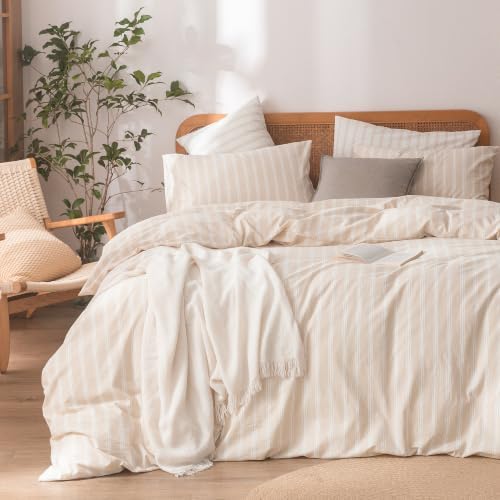 BESTOUCH Striped Cotton Duvet Cover Set Linen Feel Super King Plus by BESTOUCH