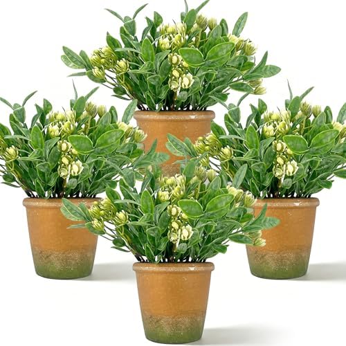 MONOID Artificial Potted Plants, Realistic Fake Greenery for Desk, Home Office Bathroom Shelf Farmhouse Table Decor, Maintenance Free (4, Murraya Exotica Green) by GuardYourHomeEmbraceSafety