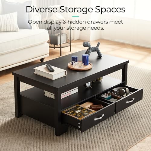 LINSY HOME Farmhouse Coffee Table with Storage, Wood Coffee Table for Living Room, Open Display Area and Storage Drawers with Metal Handles, Chic Style with Curved Base, Black - Image 4