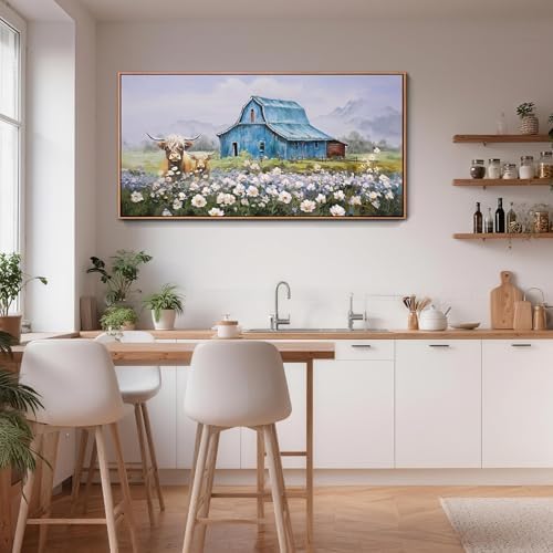 Anolyfi Highland Cow Farmhouse Wall Art for Living Room, Blue Barn Paintings Warm and Cozy Decor for Bedroom Dining Room Home Hallway, Framed 58"x29" - Image 6