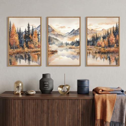 LHIUEM Large Neutral Mountain Framed Canvas Wall Art,Nature Foggy Forest Wall Decor,Watercolor Autumn Landscape Wall Painting,Woodland Artwork for Living Room,Bedroom,Dining Room,Office -16"x24"x3 - Image 3
