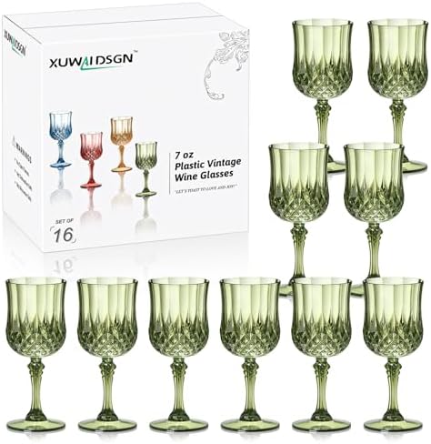 XUWAIDSGN 16 Pcs 7oz Plastic Vintage Wine Glasses Drinking Glasses Unbreakable Wedding Glassware Crystal Water Goblets Reusable Drinkware Vintage Champagne Flutes (16, Dark Green) by XUWAIDSGN