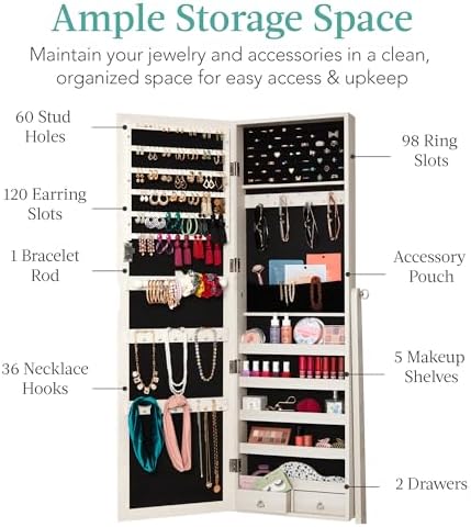 Best Choice Products Freestanding Jewelry Armoire Cabinet, Full Length Standing Mirror, Lockable Makeup Storage Organizer, w/Velvet Lining, 3 Angles, Lock, Accessory Pouch, 5 Shelves - Coastal White - Image 2