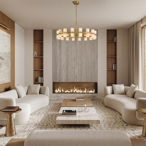 Alabaster Round Chandelier, Natural Spanish Stone Texture Chandeliers, D31in Round Chandeliers for Dining Room Chandelier Light Fixture for Kitchen Living Room Foyer Entryway Hallway (Brass) - Image 3
