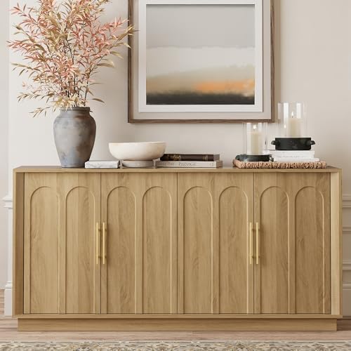 FORTUNETEC 67" Sideboard Buffet Cabinet with Storage, Arched Doors, Oak by FORTUNETEC