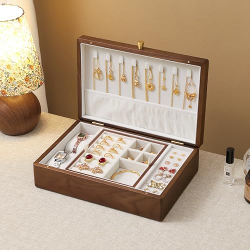 Black Walnut Wooden Jewelry Box, 2 Layer Large Necklace Organizer for Women - Image 2