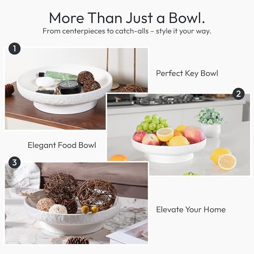 Granite Inspired Matte White Fruit Bowl | Wide, Shallow Textured Pedestal Bowl | 11 Inch Unique Centerpiece for Table or Decor for Entryway Table - Image 4