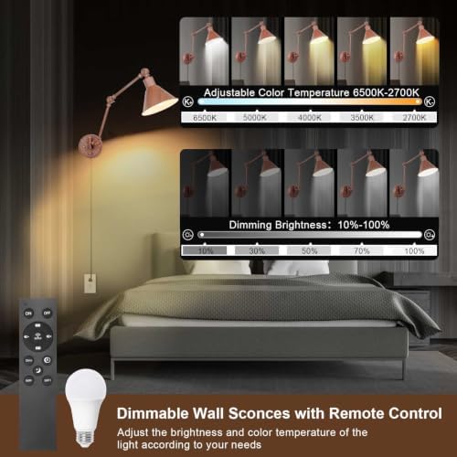 TRLIFE Dimmable Wall Sconce, Remote Control Plug in Wall Sconce Dimming 10%-100% and Adjustable Color Temperature 2700K-6000K, Swing Arm Wall Lights with Plug in Cord, UL Listed(2 Pack, Walnut Color) - Image 2