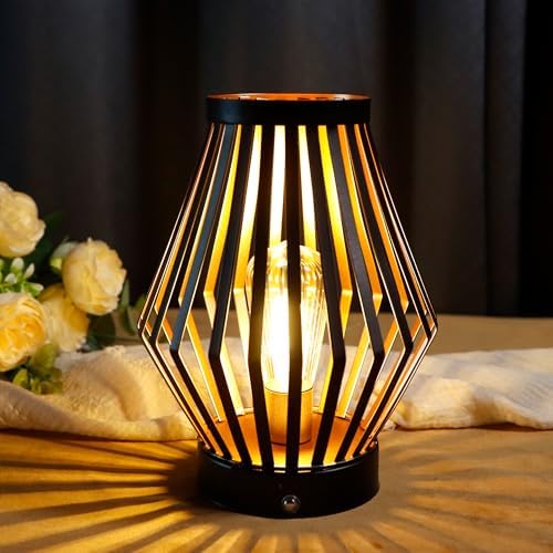 JHY DESIGN Set of 2 Dimmable Bedside Table Lamp 8.5''H Rechargeable Metal Cage Lantern with LED Edison Style Bulb Cordless Accent Lamp for Weddings Parties Patio Events for Indoors Outdoors - Image 2