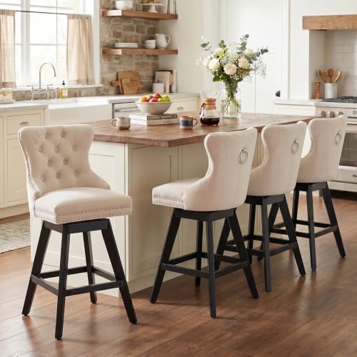 SoarFlash Kitchen Velvet Swivel Bar Stools with Solid Wood Legs Upholstered Counter Stools Set of 4, Beige by SoarFlash